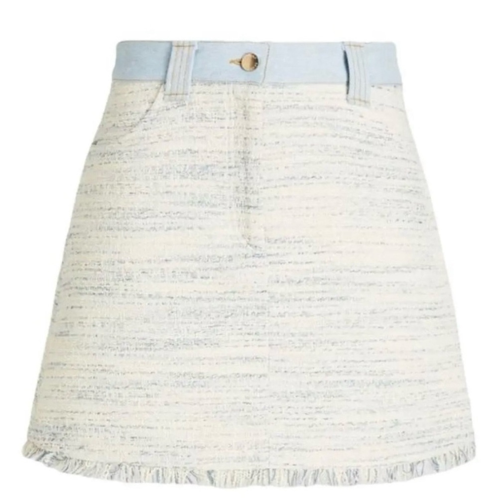 Sandro Chic Denim and Blue Tweed Fringe Mini Skirt with Side Pockets - Sz 40